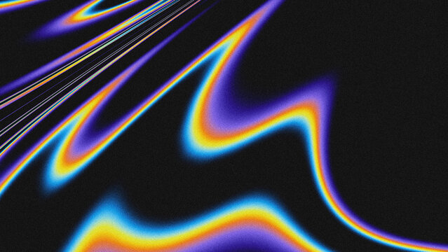Abstract background featuring dynamic, fluid rainbow-hued wave lines with a grainy, noisy texture. Vibrant purple, yellow, blue, and orange gradients create a retro-futuristic, glitch art aesthetic.