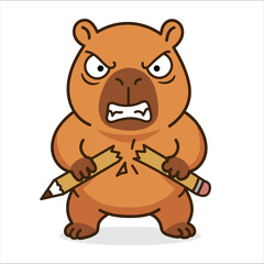 Angry capybara breaking pencil cartoon sticker. Funny vector animal snapping pencil in rage. Stress and burnout concept.