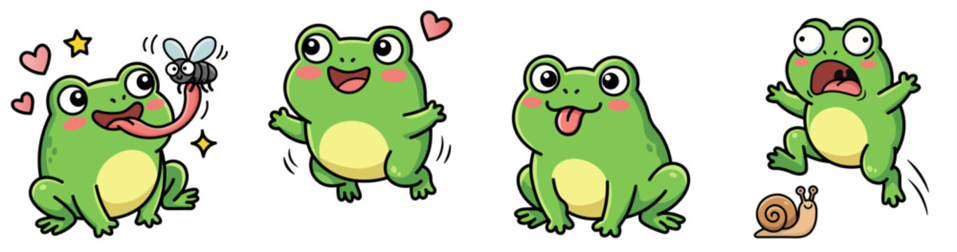 Cute cartoon frog sticker set. Funny toad catching fly, jumping happy, sitting silly, running scared from snail. Kawaii vector.