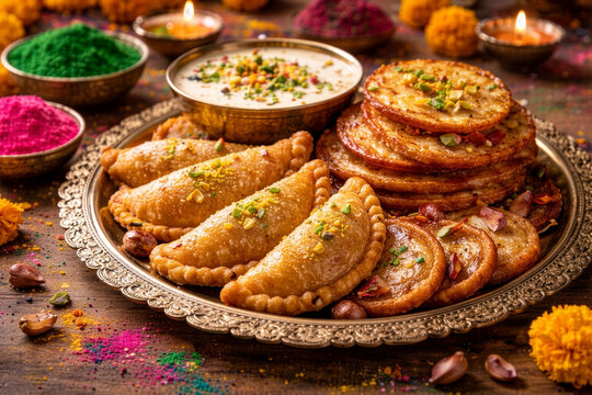 Traditional Indian Holi Sweets on Decorative Plate with Gujiya, Malpua and Thandai, Festive Food Photography