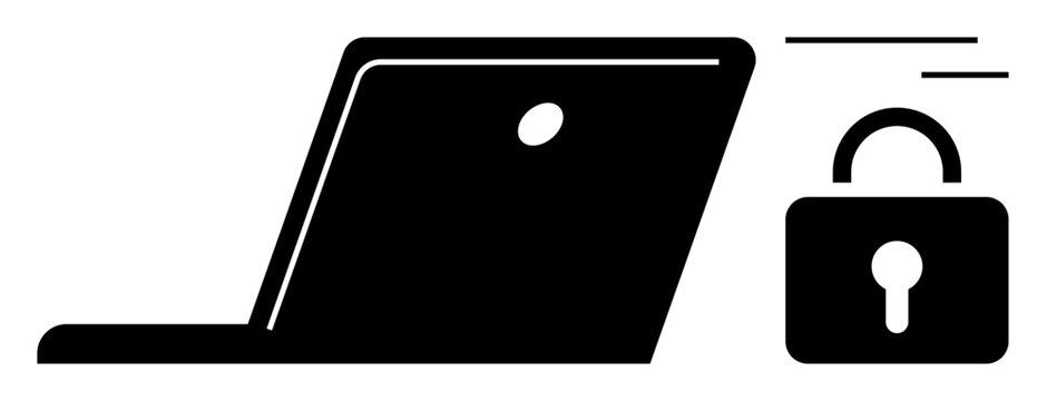 Cybersecurity, online safety, data protection, privacy tools, digital security, technology. Silhouette of laptop with padlock icon. Cybersecurity and online safety through symbolic imagery