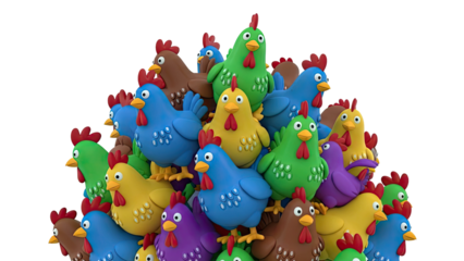 Pile of colorful cartoon chickens