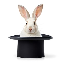 A fluffy white rabbit emerging from a classic black magician s top hat