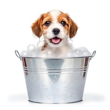 Adorable cavaliers king charles spaniel puppy enjoying a bubbly bath in a metal tub