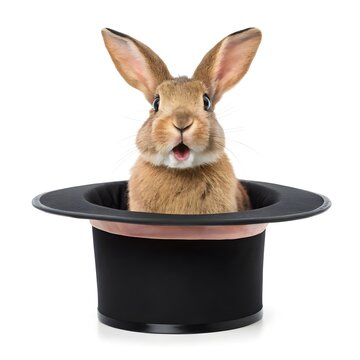 A charming brown rabbit emerges from a classic black magician s top hat