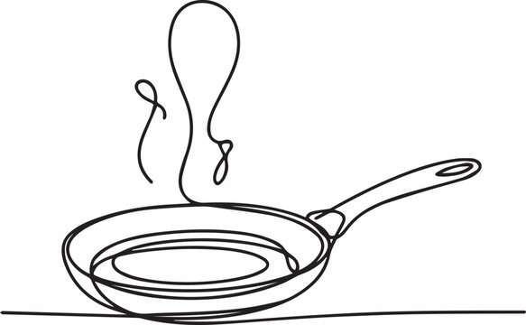 A continuous line drawing of a hot frying pan with steam rising from it on a simple background