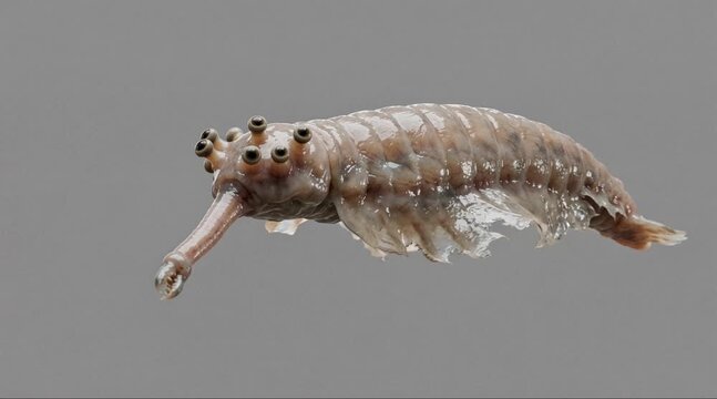Opabinia regalis Swimming Side View Isolated on Grey Background - Realistic Cambrian Marine Creature Animation