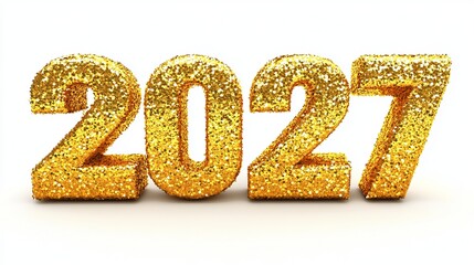 Glitter Coated Three Dimensional Numbers 2027 Year, Sparkling Gold Celebration Objects Isolated