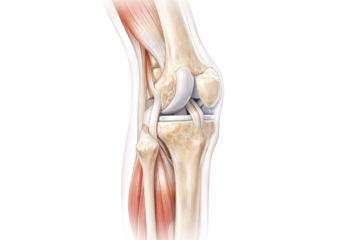 Human knee joint anatomy showing patella tibia femur bones ligaments muscles causing knee pain isolated on white background