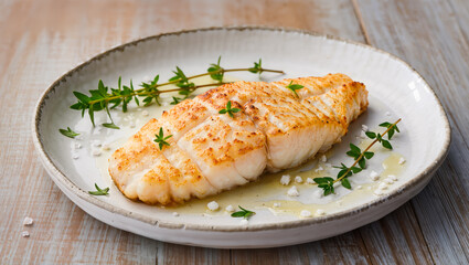 Grilled salmon fillet served on a ceramic plate with herbs and sauce, decorated with coarse salt. Simple and elegant food presentation.