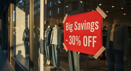 Big Savings 30 Off Sign in Store Window Display.