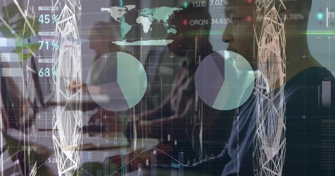 Animation of infographic interface and connected dots over diverse coworkers working on computers