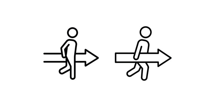 Man carrying large arrow icon set vector illustration forward direction symbol people moving progress or next step pictogram elements outline design isolated
