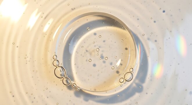 Macro Close-up: Clear Viscous Liquid Bubbles, Ripple, Light Refraction, Rainbow Prism - Purity, Science, Skincare