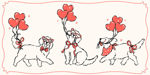 Whimsical Coquette Valentine Golden Retriever Dog with Heart Balloons Outline Line Art Hand Drawn Set