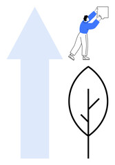 Sustainability concept. A person interacts with abstract elements, including a large arrow and minimalistic leaf. Sustainability highlights eco-friendly practices and environmental awareness
