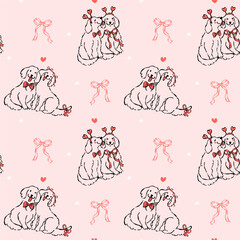 Whimsical Coquette Valentine Seamless Pattern Golden Retriever Dog Couple Outline Line Art Hand Drawn