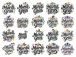 Obraz premium Mardi Gras Logos with Colorful Feathers and Fleur de Lis Vector on a White Background
