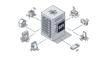 Isometric illustration of a server rack labeled GFI connected to various smart devices