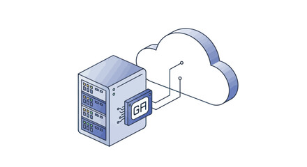 Isometric illustration of a server rack with a chip connected to a cloud icon