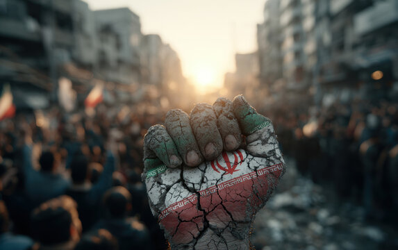 Fist painted with cracked Iranian flag rising in blurred crowded protest street symbolizing mass unrest conflict and resistance in Iran social movement
