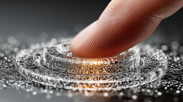 Close-up fingertip pressing glowing digital holographic interface button with network connections and tactile glass texture concept of digital interaction and data touch technology