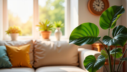 Cozy living room with indoor plants and colorful cushions in sunlight  