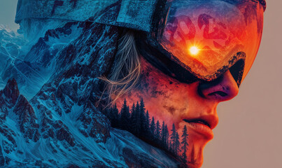 Obraz premium Double exposure of winter mountain landscape and athlete wearing ski goggles reflecting sunset and 2026 text symbolizing countdown to Milano Cortina Winter Olympics