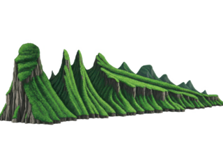 3d illustration of green mountain range landscape with peaks and valleys isolated on transparent background