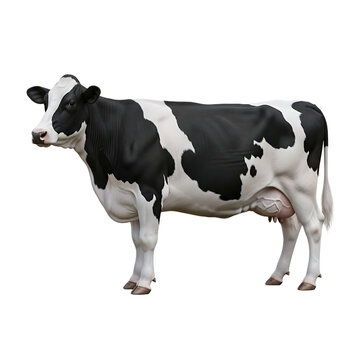 A black and white cow standing on a solid black background with udder and teats visible