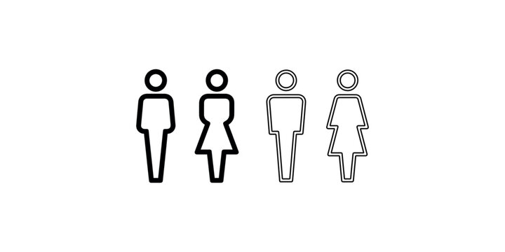 Restroom icons for male and female in two styles thin line and solid fill version for public toilet signage and bathroom guidance design for buildings