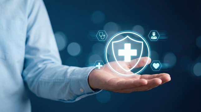 Businessman hand holding glowing digital shield icon with medical cross symbol representing health insurance protection security and healthcare service concept against dark blue bokeh background