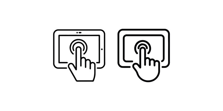 Hand touching a tablet screen icon in black and white line art with two variations showing different styles on a clean white background