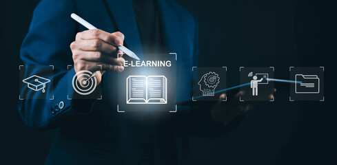 Business professional using digital tablet and stylus to access e-learning platform, online education system, digital knowledge, virtual training, skill development, modern learning technology concept