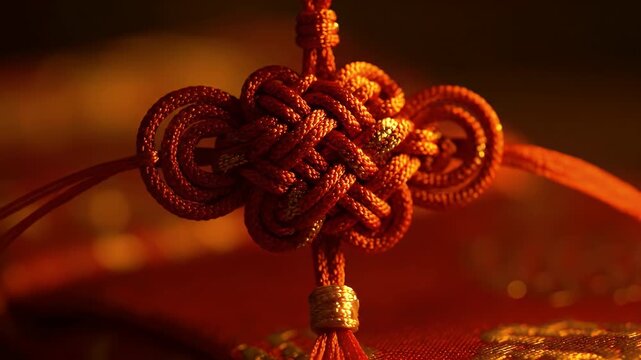 Luxurious macro push-in of intricate red gold auspicious knotwork charm with traditional patterns and soft golden light