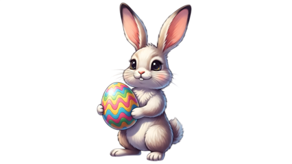 Easter sunday bunny holding colorful egg isolated on transparent background