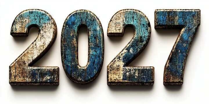 Isolated Rustic Wooden Blocks Spelling Number 2027 on Bright Background for Creative Design Ideas