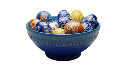 Easter sunday celebration colorful easter eggs in a blue bowl isolated on transparent background