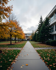 Business park pedestrian walkway with office buildings in autumn