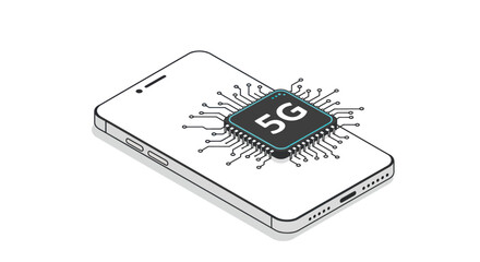 Isometric illustration of a smartphone with a visible 5G chip on its screen