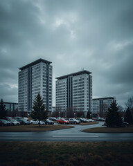 Urban business district with office buildings under cloudy sky