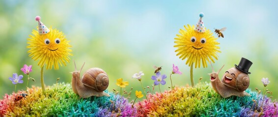 Joyful snails celebrate in a colorful flower garden under bright sunshine whimsical scene nature close-up cheerful concept for festive vibes