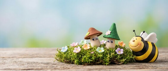 Whimsical spring scene with adorable mushroom characters and a cheerful bee in a lush green garden setting captured in a bright and playful atmosphere for nature enthusiasts