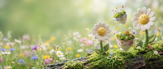Joyful flowers and smiling cups in a vibrant meadow nature scene cheerful environment close-up view whimsical concept for garden lovers and floral enthusiasts