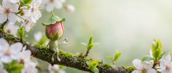 Whimsical fairy encounter among cherry blossoms enchanted garden fantasy art serene atmosphere close-up view nature's magic