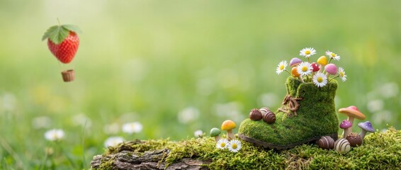 Playful strawberry and colorful flowers in a green boot nature photography fairy-tale garden springtime joy close-up view whimsical concept