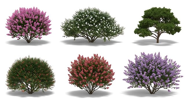 Collection of different flowering trees and shrubs isolated on white background