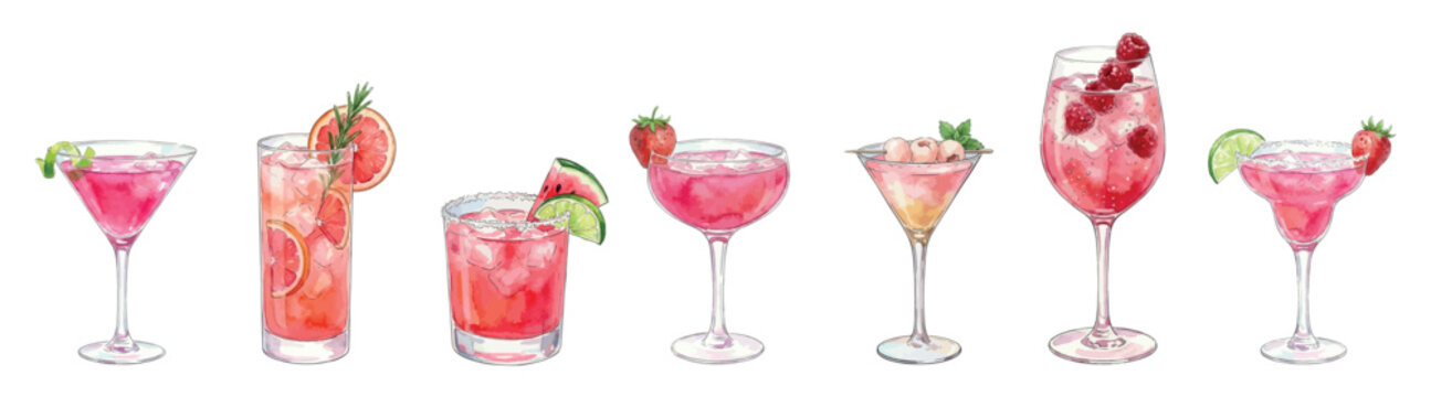 Festive pink cocktail set, vectors isolated on white background: Cosmopolitan, Paloma Ros&eacute;, Watermelon Margarita, Strawberry Daiquiri, Lychee Martini, Raspberry Spritz, Pink Margarita