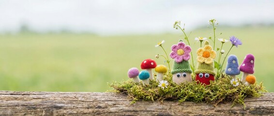 Whimsical garden scene with colorful mushroom characters lush green meadow photography bright natural light close-up view enchantment in nature