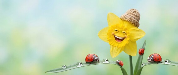 Joyful flower character smiling amidst ladybugs and green leaves in a bright outdoor garden setting whimsical and fun imagery for nature lovers and kids art inspiration